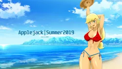 Size: 1920x1080 | Tagged: suggestive, alternate version, artist:tittoons, applejack, human, abs, applejack's hat, armpits, beach, bikini, breasts, busty applejack, cleavage, clothes, cowboy hat, cutie mark on human, erect nipples, female, hat, humanized, image, looking at you, micro bikini, outdoors, png, red bikini, smiling, solo, solo female, swimsuit, wallpaper