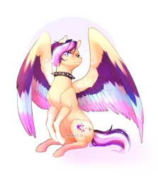 Size: 1155x1292 | Tagged: safe, artist:momoalistair, derpibooru import, oc, oc:insanity, unofficial characters only, pegasus, pony, abstract background, choker, female, image, jpeg, mare, sitting, solo, spiked choker, spread wings, wings