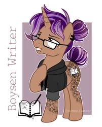 Size: 1061x1321 | Tagged: safe, artist:momoalistair, derpibooru import, oc, oc:boysen winter, oc:boysen writer, unofficial characters only, pony, unicorn, abstract background, clothes, ear piercing, earring, glasses, hoodie, horn, image, jewelry, jpeg, lip piercing, male, piercing, reference sheet, snake bites, solo, stallion