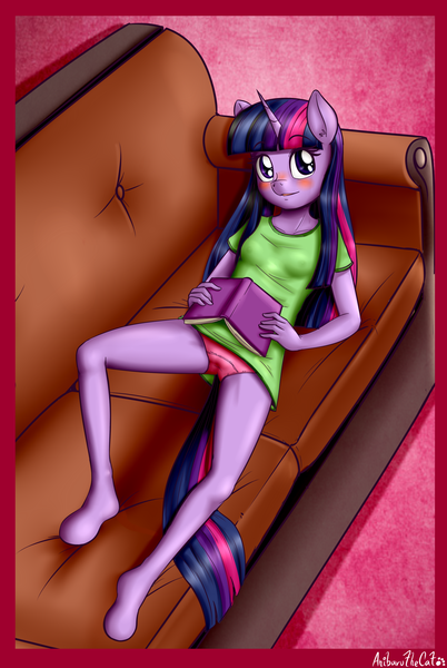 Size: 1697x2533 | Tagged: questionable, artist:anibaruthecat, banned from derpibooru, ponerpics import, twilight sparkle, anthro, unicorn, areola, blushing, book, breasts, clothes, couch, ear fluff, eyebrows visible through hair, female, horn, image, indoors, innocent, lolicon, lying down, nipples, no bra underneath, nudity, on couch, open book, panties, pink panties, png, see-through, shiny mane, shiny tail, shirt, signature, small breasts, solo, solo female, t-shirt, underage, underwear, unicorn twilight, younger