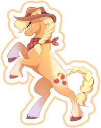 Size: 1096x1390 | Tagged: safe, artist:momoalistair, derpibooru import, applejack, earth pony, pony, g4, alternate design, applejack's hat, braid, braided tail, cowboy hat, female, hat, image, mare, png, rearing, simple background, solo, tail, transparent background, unshorn fetlocks