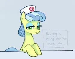 Size: 550x432 | Tagged: artist needed, source needed, safe, nurse coldheart, nurse snowheart, earth pony, pony, dialogue, female, hat, image, lidded eyes, mare, nurse hat, png, solo