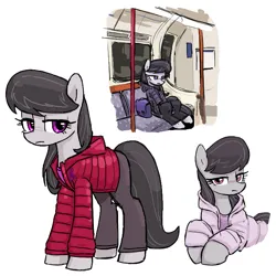 Size: 689x689 | Tagged: safe, artist:plunger, octavia melody, earth pony, pony, bag, clothes, female, food, image, lidded eyes, looking at you, mare, png, simple background, sitting, solo, subway, subway train, train, white background