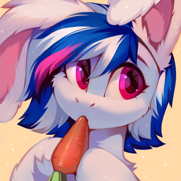 Size: 800x800 | Tagged: safe, artist:lispp, artist:share dast, derpibooru import, oc, oc:yun flow, unofficial characters only, pony, bunny ears, bust, carrot, cheek fluff, cute, ear fluff, eating, fluffy, food, herbivore, image, leg fluff, ocbetes, png, simple background, solo, yellow background