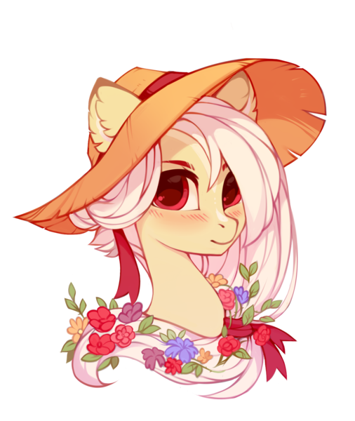 Size: 1350x1600 | Tagged: safe, artist:lispp, derpibooru import, oc, oc:laeticia la pucelle, unofficial characters only, pony, blushing, bust, female, flower, flower in hair, hat, image, looking at you, mare, png, portrait, simple background, solo, straw hat, transparent background