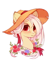 Size: 1350x1600 | Tagged: safe, artist:lispp, derpibooru import, oc, oc:laeticia la pucelle, unofficial characters only, pony, blushing, bust, female, flower, flower in hair, hat, image, looking at you, mare, png, portrait, simple background, solo, straw hat, transparent background