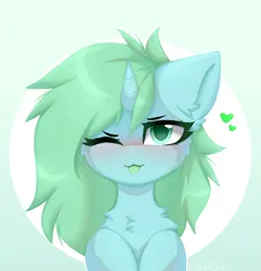 Size: 2500x2592 | Tagged: safe, artist:lunylin, derpibooru import, oc, oc:mintya, unofficial characters only, pony, unicorn, blushing, chest fluff, circle background, horn, image, looking up, one eye closed, png, solo