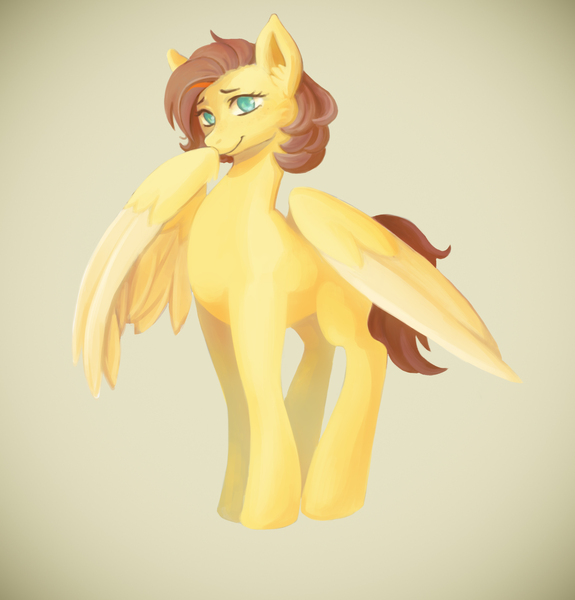 Size: 2061x2151 | Tagged: safe, artist:erein, derpibooru import, oc, oc:yuris, unofficial characters only, pegasus, pony, brown mane, cute, ears up, female, image, jpeg, looking at you, multicolored hair, pegasus oc, pose, simple background, smiling, smiling at you, solo, tail, turquoise eyes, wings, yellow skin