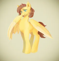 Size: 2061x2151 | Tagged: safe, artist:erein, derpibooru import, oc, oc:yuris, unofficial characters only, pegasus, pony, brown mane, cute, ears up, female, image, jpeg, looking at you, multicolored hair, pegasus oc, pose, simple background, smiling, smiling at you, solo, tail, turquoise eyes, wings, yellow skin