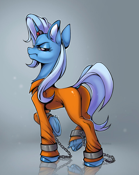 Size: 1100x1377 | Tagged: safe, artist:rozmed, derpibooru import, trixie, pony, unicorn, g4, butt, clothes, commissioner:rainbowdash69, concave belly, cufflinks, cuffs, ear fluff, grumpy, horn, horn ring, image, jewelry, jpeg, jumpsuit, magic suppression, never doubt rainbowdash69's involvement, plot, prison outfit, prisoner, prisoner tx, ring, shackles, slender, solo, the great and powerful ass, thin