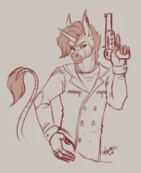 Size: 2069x2542 | Tagged: safe, artist:skuttz, derpibooru import, oc, oc:classy straps, zebra, zebracorn, clothes, gun, hand on hip, horn, image, jacket, leather, leather jacket, looking at you, piercing, png, purple eyes, simple background, sketch, smiling, smiling at you, smirk, stupid sexy stallion, weapon, zebra oc