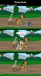 Size: 1920x3516 | Tagged: safe, artist:platinumdrop, derpibooru import, derpy hooves, oc, oc:dusty hooves, earth pony, pegasus, pony, comic:dusty acres, series:technoverse, g4, 3 panel comic, comic, commission, female, filly, foal, fourth doctor, image, male, png, robot dog, sitting, smiling, speech bubble, stallion, younger