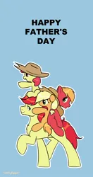 Size: 1000x1900 | Tagged: safe, artist:nutellaenjoyer, derpibooru import, apple bloom, applejack, big macintosh, bright mac, earth pony, pony, g4, blue background, chest fluff, colt big macintosh, cyan background, father and child, father's day, female, filly, filly applejack, foal, full body, hat, image, jpeg, male, outline, raised hoof, riding, signature, simple background, smiling, text, white outline, younger