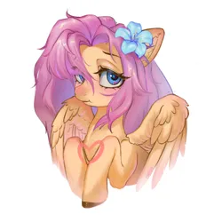 Size: 1200x1200 | Tagged: safe, artist:melonlicious, derpibooru import, fluttershy, g4, blue eyes, flower, flower in hair, image, pink mane, png, simple background, yellow skin