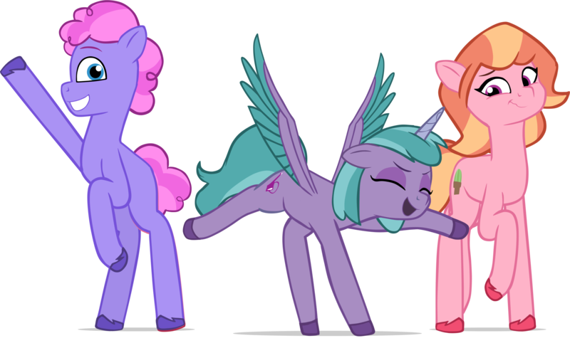 Size: 2285x1356 | Tagged: safe, artist:equestriaexploration, derpibooru import, alicorn, earth pony, pony, g5, do the sparkle, image, long legs, png, shiny sparks, simple background, strawberry blonde, sugarpuff lilac, transparent background