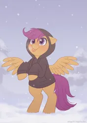 Size: 1121x1581 | Tagged: safe, artist:higgly-chan, derpibooru import, scootaloo, pegasus, pony, g4, blushing, clothes, cold, eye clipping through hair, female, filly, foal, hoodie, image, looking up, png, raised hoof, raised hooves, snow, snowfall, solo, spread wings, standing on two hooves, tongue out, tree, wings