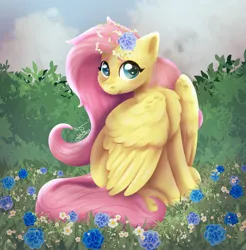 Size: 3075x3120 | Tagged: safe, artist:tigermcheh, derpibooru import, fluttershy, pegasus, pony, g4, female, flower, flower in hair, high res, image, jpeg, mare, meadow, outdoors, shy, sitting, solo, turned head