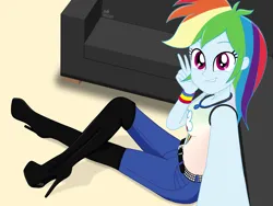 Size: 1920x1440 | Tagged: safe, artist:gibsterboy5, derpibooru import, rainbow dash, human, equestria girls, g4, belt, belt buckle, black shoes, blue pants, boots, breasts, clothes, complex background, couch, cute, cutie mark, cutie mark on clothes, dashabetes, denim, female, geode of super speed, high heel boots, high heels, image, jeans, jewelry, jpeg, leather, leather boots, lip bite, looking at you, magical geodes, multicolored hair, necklace, overknee boots, pants, peace sign, platform boots, platform heels, platform shoes, rainbow hair, selfie, sexy, shoes, signature, sitting, smiling, smiling at you, solo, studded belt, stupid sexy rainbow dash, tanktop, thigh boots, vector background, wristband