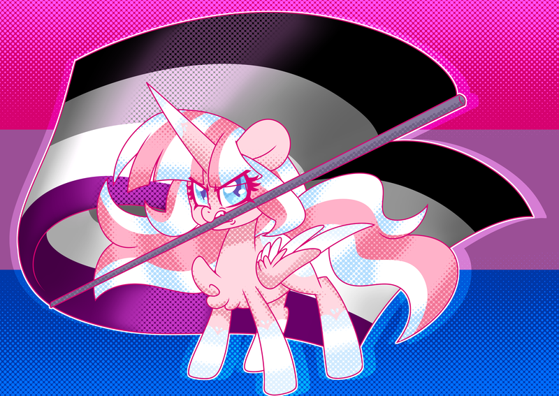 Size: 3464x2454 | Tagged: safe, artist:ladylullabystar, derpibooru import, oc, oc:lady lullaby star, alicorn, pony, asexual pride flag, female, image, mare, mouth hold, png, politics, pride, pride flag, solo