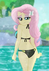 Size: 4926x7068 | Tagged: safe, artist:emeraldblast63, derpibooru import, fluttershy, human, equestria girls, g4, bedroom eyes, bikini, bikini bottom, bikini top, breasts, busty fluttershy, butt, clothes, commission, female, flutterbutt, grin, image, lens flare, looking at you, looking back, looking back at you, outdoors, png, sideboob, smiling, smiling at you, solo, stupid sexy fluttershy, swimsuit, water