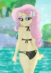 Size: 4926x7068 | Tagged: safe, artist:emeraldblast63, derpibooru import, fluttershy, human, equestria girls, g4, adjustment, ass, back, bedroom eyes, behind, big breasts, bikini, bikini bottom, bikini top, blurry background, breasts, busty fluttershy, butt, butterfly hairpin, clothes, commission, curvy, cyan eyes, eyeshadow, female, flutterbutt, grin, image, lens flare, lidded eyes, looking at you, looking back, looking back at you, looking over shoulder, makeup, outdoors, pink eyeshadow, pink hair, png, rear view, river, sexy, sideboob, smiling, smiling at you, solo, sparkles, stupid sexy fluttershy, swimsuit, thin, water