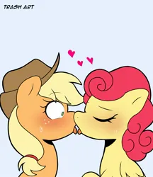 Size: 1773x2048 | Tagged: safe, artist:eltrash_art6, derpibooru import, applejack, strawberry sunrise, earth pony, pegasus, pony, g4, applejack's hat, blushing, cowboy hat, duo, duo female, eyes closed, female, flustered, freckles, french kiss, gray background, hat, heart, image, jpeg, kissing, lesbian, making out, mare, ship:applerise, shipping, simple background, sweat, sweatdrop, tongue out