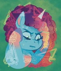 Size: 772x900 | Tagged: safe, artist:justasuta, derpibooru import, pony, unicorn, g5, abstract background, female, horn, image, jpeg, mare, math, math lady meme, meme, misty brightdawn, ponified meme, solo, sweat, thinking