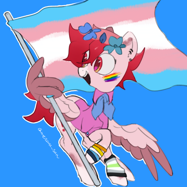 Size: 4096x4096 | Tagged: safe, artist:metaruscarlet, derpibooru import, oc, oc:metaru scarlet, unofficial characters only, pegasus, pony, agender pride flag, aroace pride flag, blue background, bracelet, clothes, ear piercing, face paint, flag, flower, flower in hair, image, jewelry, open mouth, pegasus oc, piercing, png, ponysona, pride, pride flag, simple background, sock, solo, spotted, spread wings, transgender pride flag, wing hands, wings