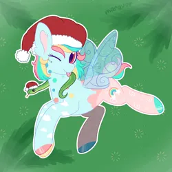 Size: 1500x1500 | Tagged: safe, artist:maravor, derpibooru import, oc, oc:blankie polka, flutter pony, pony, snake, christmas, commission, female, hat, holiday, image, mare, one eye closed, png, santa hat, solo, tongue out, wink, ych result