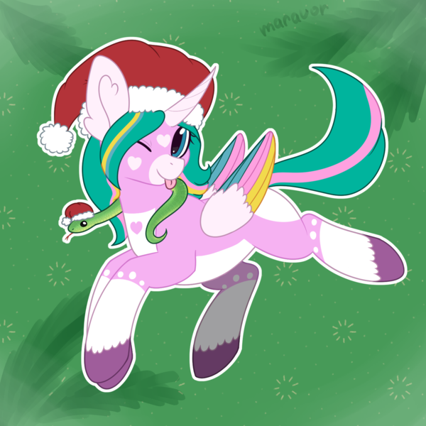 Size: 1500x1500 | Tagged: safe, artist:maravor, derpibooru import, oc, oc:star heart, alicorn, pony, snake, christmas, colored wings, commission, female, hat, holiday, image, mare, multicolored wings, one eye closed, png, santa hat, solo, tongue out, wings, wink, ych result