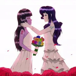 Size: 850x850 | Tagged: safe, artist:mrtsg7, derpibooru import, rarity, twilight sparkle, human, equestria girls, g4, bouquet, bride, clothes, dress, duo, female, flower, hairclip, image, jpeg, lesbian, looking at each other, looking at someone, marriage, rarilight, ship:rarilight, shipping, simple background, wedding, wedding dress, white background