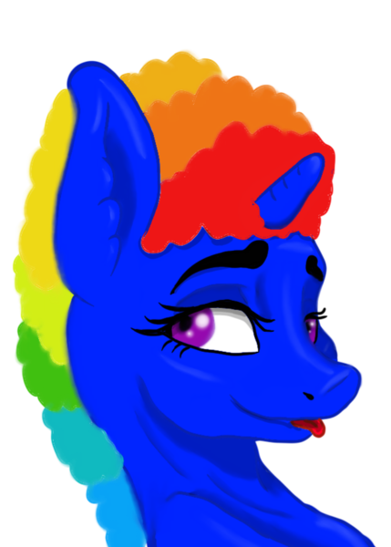 Size: 627x877 | Tagged: suggestive, artist:visserex52, derpibooru import, oc, oc:snickerdoodles, unicorn, :p, bedroom eyes, blue coat, horn, image, multicolored hair, pfp, png, purple eyes, rainbow hair, tongue out