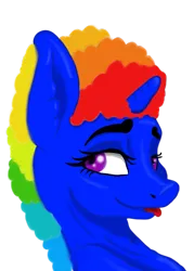 Size: 627x877 | Tagged: suggestive, artist:visserex52, derpibooru import, oc, oc:snickerdoodles, unicorn, :p, bedroom eyes, blue coat, horn, image, multicolored hair, pfp, png, purple eyes, rainbow hair, tongue out