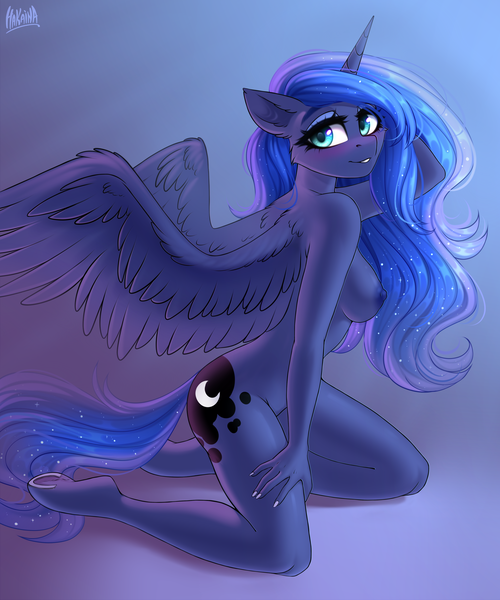 Size: 3500x4200 | Tagged: questionable, alternate version, artist:hakaina, derpibooru import, princess luna, alicorn, anthro, pony, unguligrade anthro, g4, areola, breasts, busty princess luna, complete nudity, cutie mark, ear fluff, female, high res, image, kneeling, looking at you, mare, nipples, nudity, png, reasonably sized breasts, solo, solo female, underhoof, wing fluff, wings