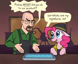 Size: 1221x1000 | Tagged: safe, artist:roverdosing, derpibooru import, pinkie pie, earth pony, human, g4, annoyed, apron, beanie, beard, breaking bad, brownie, clothes, crossover, dialogue, drugs, facial hair, female, food, glasses, hat, hoodie, image, jesse pinkman, jpeg, male, meth, name pun, smiling, speech bubble, walter white