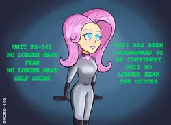 Size: 1500x1100 | Tagged: suggestive, artist:drone401, derpibooru import, fluttershy, human, robot, equestria girls, g4, breasts, busty fluttershy, clothes, collar, cutie mark accessory, cutie mark collar, dialogue, female, flutterbot, gloves, glow, glowing eyes, gradient background, image, latex, latex boots, latex gloves, latex suit, mind control, png, roboticization, rubber drone, smiling, solo, solo female, story included, text