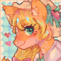 Size: 880x880 | Tagged: safe, artist:brila, derpibooru import, part of a set, applejack, pony, g4, applejack's hat, bow, bust, clothes, cottagecore, cowboy hat, digital art, female, hat, heart, icon, image, mare, pixel art, png, portrait, smiling