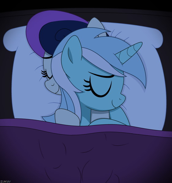 Size: 2907x3103 | Tagged: safe, artist:stephen-fisher, derpibooru import, bon bon, lyra heartstrings, sweetie drops, earth pony, unicorn, g4, bed, eyes closed, female, horn, hug, image, lesbian, lyrabon, png, shipping, sleeping