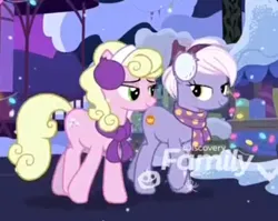 Size: 467x372 | Tagged: safe, derpibooru import, screencap, burning passion, millie, earth pony, pony, g4, clothes, discovery family, discovery family logo, earmuffs, female, image, lidded eyes, logo, looking at each other, looking at someone, mare, my little pony, my little pony best gift ever, png, scarf, smiling, snow, winter outfit