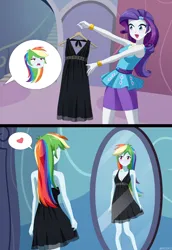 Size: 1100x1600 | Tagged: safe, artist:riouku, derpibooru import, rainbow dash, rarity, equestria girls, g4, 2 panel comic, black dress, blushing, breasts, clothes, clothes hanger, comic, commission, commissioner:ajnrules, cute, dashabetes, dress, duo, duo male and female, female, heart, image, little black dress, male, mirror, open mouth, png, rainbow dash always dresses in style, rainbow dash is not amused, skirt, unamused