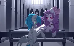 Size: 4000x2500 | Tagged: safe, artist:avroras_world, derpibooru import, oc, unofficial characters only, bat pony, pony, unicorn, bat wings, bowtie, chest fluff, choker, duo, female, horn, image, indoors, mare, musical instrument, piano, png, wings