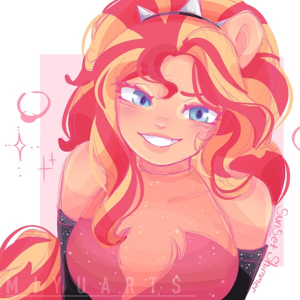 Size: 2048x2048 | Tagged: safe, artist:miyuartss, derpibooru import, sunset shimmer, human, equestria girls, g4, black gloves, blushing, breasts, busty sunset shimmer, clothes, cute, cyan eyes, female, gloves, grin, hair, hair bun, image, jpeg, lips, looking at you, ponied up, shimmerbetes, simple background, smiling, smiling at you, solo, solo female, super ponied up, two toned hair