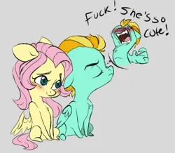 Size: 5232x4562 | Tagged: safe, artist:chub-wub, derpibooru import, fluttershy, lightning dust, pegasus, pony, g4, blushing, chest fluff, chibi, duo, duo female, eyes closed, female, image, jpeg, lesbian, mare, ship:flutterdust, shipping, sitting, smiling, thought bubble, tsundere, wings