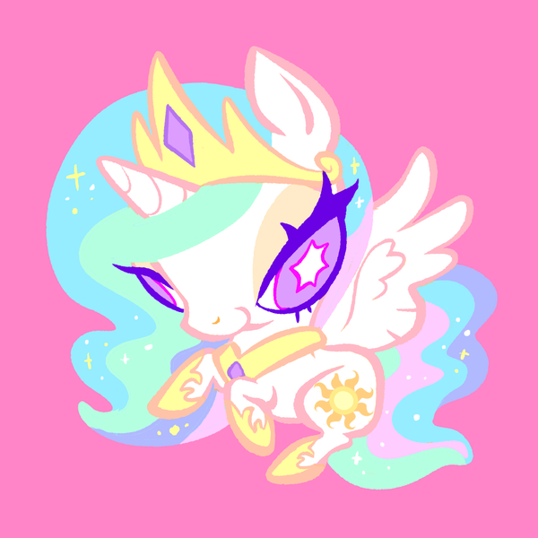 Size: 2048x2048 | Tagged: safe, artist:janegumball, derpibooru import, princess celestia, alicorn, pony, g4, big eyes, chibi, female, image, looking at you, mare, pink background, png, rearing, simple background, smiling, smiling at you, solo, spread wings, unusual pupils, white pupils, wings