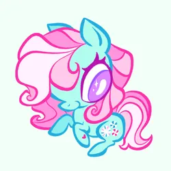 Size: 2048x2048 | Tagged: safe, artist:janegumball, derpibooru import, minty, earth pony, pony, g3, big eyes, chibi, female, image, light blue background, looking at you, mare, png, simple background, smiling, smiling at you, solo, white pupils