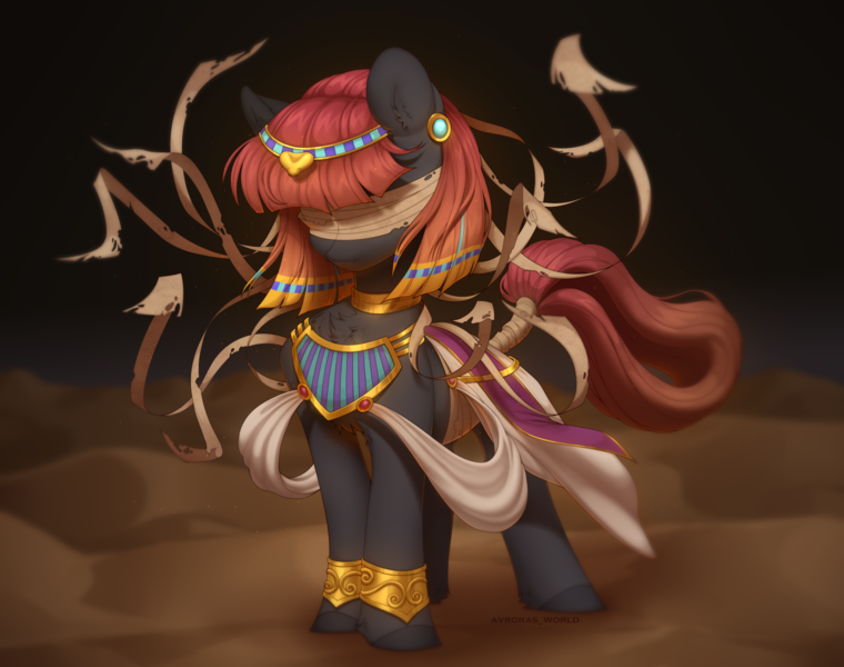 Size: 3800x3000 | Tagged: safe, artist:avrora_verner, artist:avroras_world, derpibooru import, oc, oc:khattarah, unofficial characters only, earth pony, pony, accessory, bandage, commission, desert, egyptian, egyptian pony, female, image, mare, night, png, sand, solo