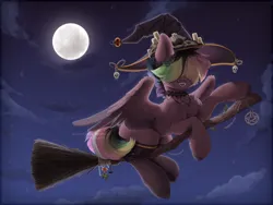 Size: 4000x3000 | Tagged: safe, artist:avrora_verner, artist:avroras_world, derpibooru import, oc, oc:walter evans, unofficial characters only, pegasus, pony, broom, candle, chest fluff, choker, clothes, cloud, flying, flying broomstick, full moon, halloween, hat, holiday, image, male, moon, multicolored mane, night, night sky, outdoors, pegasus oc, pentagram, png, sky, socks, solo, stallion, wings, witch hat