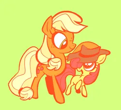 Size: 1297x1182 | Tagged: safe, artist:janegumball, derpibooru import, apple bloom, applejack, earth pony, pony, g4, accessory swap, apple sisters, applejack's hat, cowboy hat, duo, duo female, female, filly, foal, green background, hat, image, jpeg, looking at each other, looking at someone, mare, open mouth, open smile, raised hoof, siblings, simple background, sisters, smiling, smiling at each other