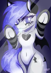 Size: 1668x2388 | Tagged: suggestive, artist:acidigon, derpibooru import, oc, unofficial characters only, bat pony, pony, ethereal mane, galaxy mane, image, looking at you, png, raised hoof, raised hooves, simple background, solo, tongue out