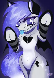 Size: 1668x2388 | Tagged: suggestive, artist:acidigon, derpibooru import, oc, unofficial characters only, bat pony, pony, ethereal mane, galaxy mane, image, looking at you, png, raised hoof, raised hooves, simple background, solo, tongue out